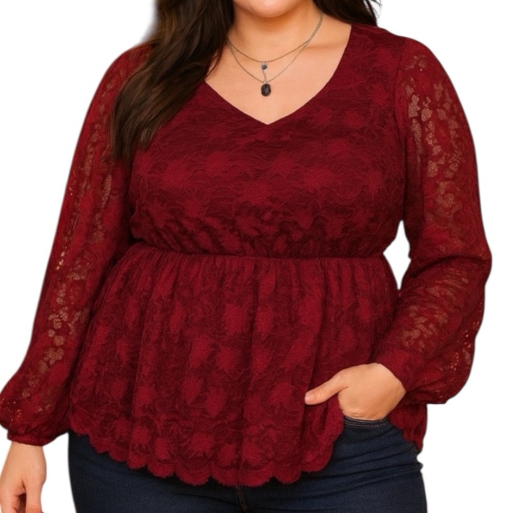 🔥3/$15 Maurice’s Red Wine lace long sleeve sheer arm peplum top plus 2x